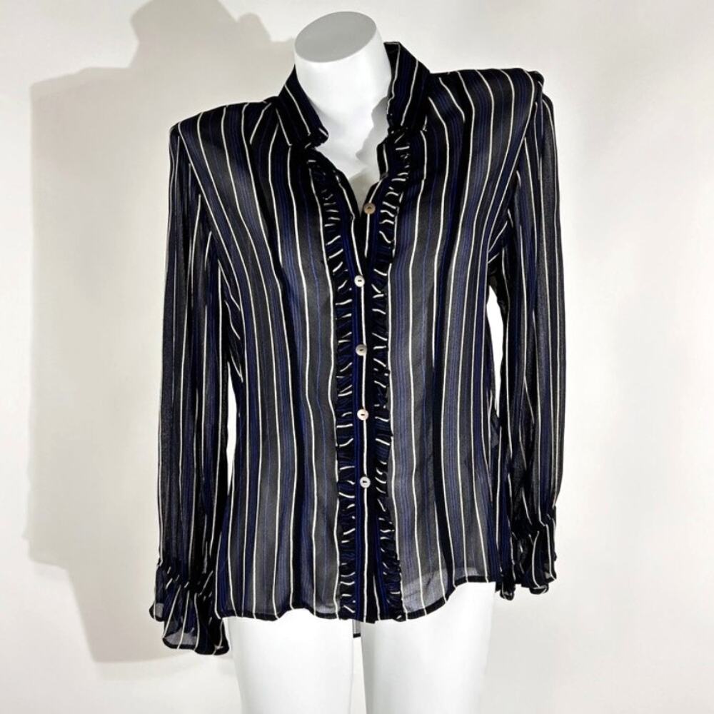 Cleobella Striped Button Down Ruffle Trim Office Shirt Blouse Top